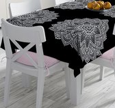 Tafelkleed vierkant 140 x 140 cm - Bedrukt Velvet Textiel - Witte mandala op zwart - Tafellaken - De Groen Home