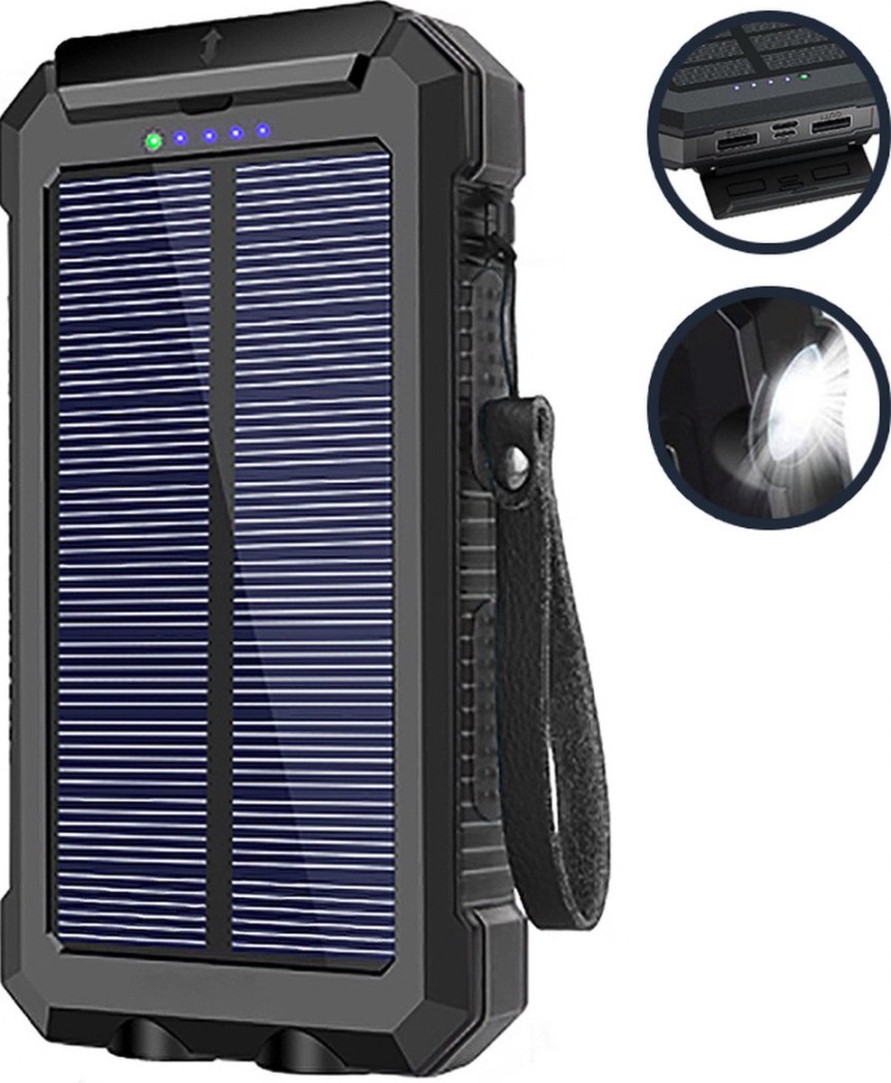 Solar Powerbank 30000mAh - Solar Charger - Waterdicht - iPhone & Samsung - Zonne-energie - Kompas - 2x USB - Micro USB + USB-C - Zwart