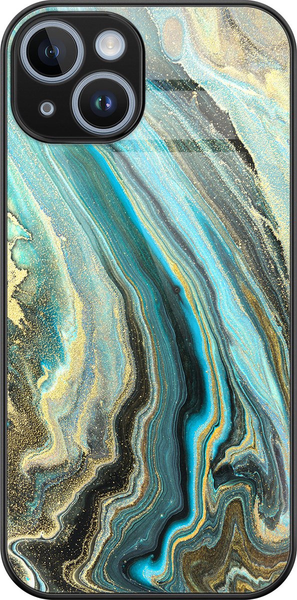 Hoesje geschikt voor iPhone 14 - Marmer mint - Luxe Glazen Hardcase - Marmer - Blauw - Leuke Telefoonhoesjes