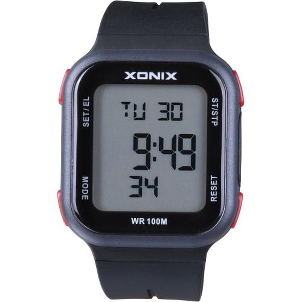 Xonix ZAA-006 - Horloge - Digitaal - Heren - Mannen - Rechthoek - Siliconen band - ABS - Cijfers - Achtergrondverlichting - Stappenteller - Temperatuur - Alarm - Start-Stop - Chronograaf - Waterdicht - 10 ATM - Zwart - Grijs - Rood