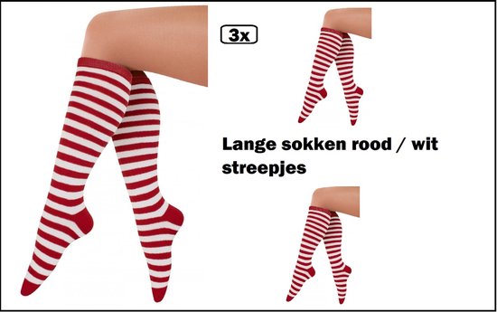 3x Paar lange sokken rood wit streepjes mt. 36-42 - Themafeest party carnaval festival thema feest