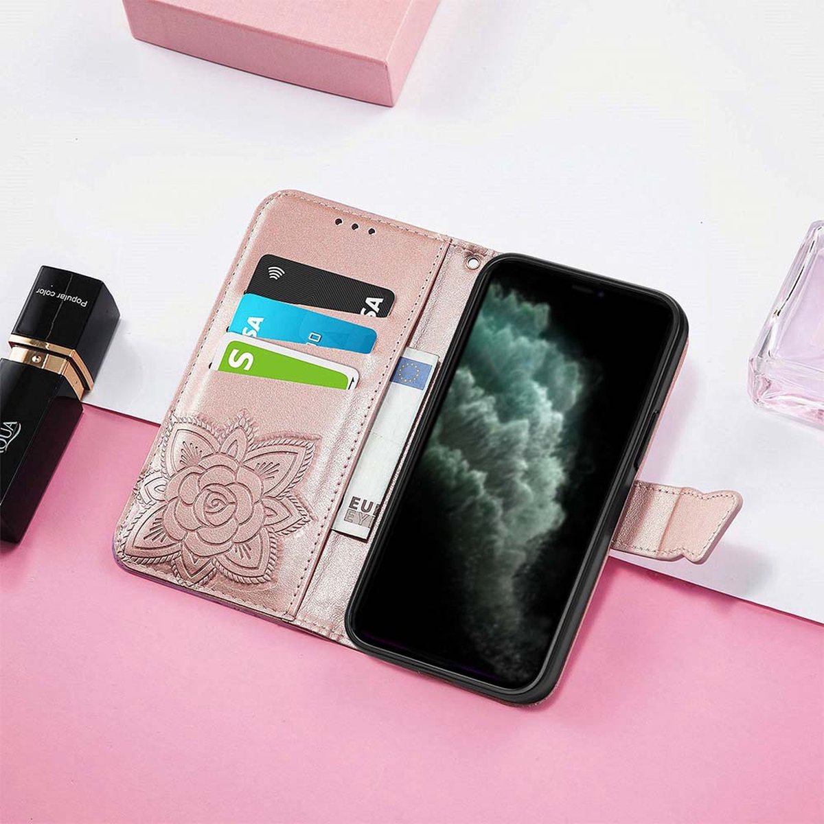 Smartphonica iPhone 11 Pro kunstleren hoesje met vlinder opdruk - Rosé Goud / Kunstleer / Book Case