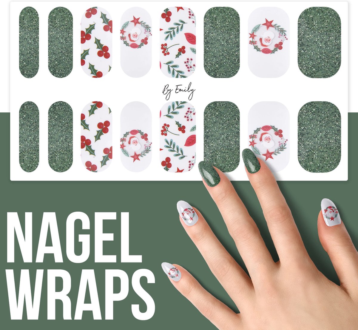 By Emily Nagel wrap Christmas Wreath Christmas Kerst 16 stickers Nail wrap Nail art Trendy Design Nagellakvrij Eenvoudig Nagel wrap Nagel stickers Folie Zelfklevend Sjablonen