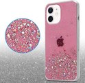 Roze iPhone 12 MINI hoesje met glitters, ingezoomd detail van glitters.