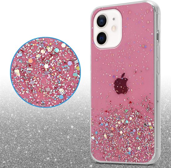 Roze iPhone 12 MINI hoesje met glitters, ingezoomd detail van glitters.