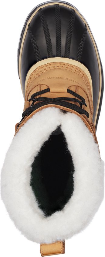 Bovenkant van een bruine Sorel snowboot met veters en dikke witte wolachtige voering.