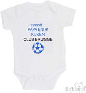 Soft Touch Romper "ssssstt Papa en ik kijken CLUB BRUGGE" Unisex Katoen Wit/Blauw/Zwart Maat 62/68