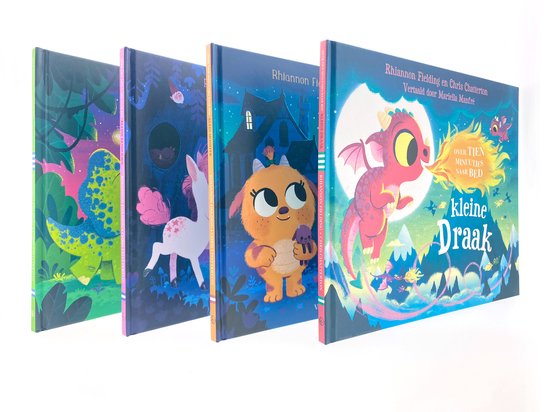 Vier kinderboeken met verschillende illustraties van draken en eenhoorn.