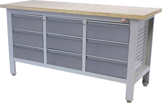 George Tools werkbank 169 cm - Werktafel met 9 laden en multiplex werkblad - Grijs