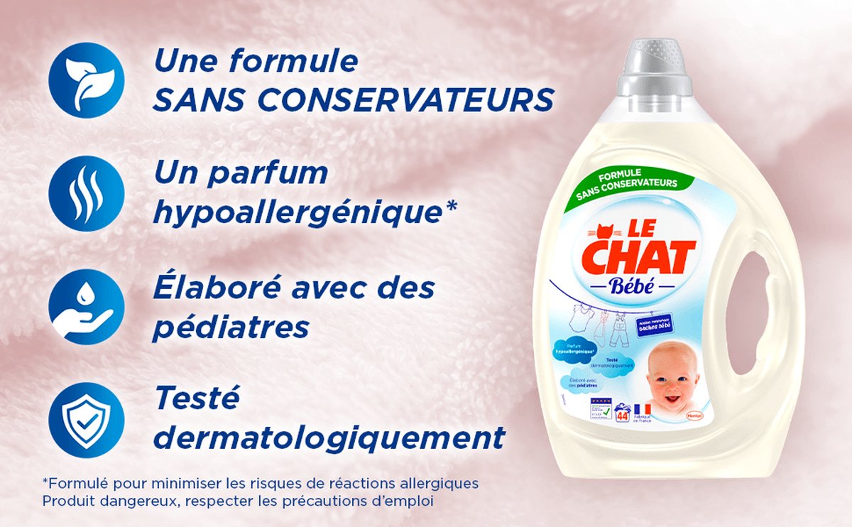 Le Chat Bebe Lessive liquide - 2,2 L - 44 Lavages : : Hygiène  et Santé