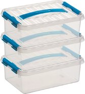 3x Sunware Q-Line opberg boxen/opbergdozen 4 liter 30 x 20 x 10 cm kunststof - platte/smalle opslagbox - Opbergbak kunststof transparant/blauw