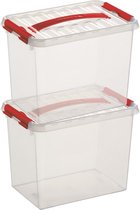 2x Sunware Q-Line opberg boxen/opbergdozen 9 liter 30 x 20 x 22 cm kunststof - Opslagbox - Opbergbak kunststof transparant/rood