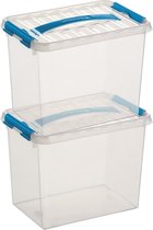 2x Sunware Q-Line opberg boxen/opbergdozen 9 liter 30 x 20 x 22 cm kunststof - Opslagbox - Opbergbak kunststof transparant/blauw