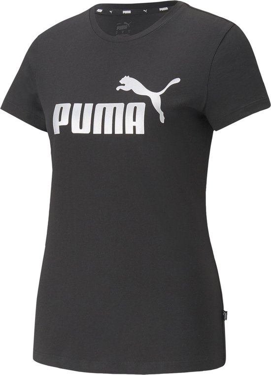 PUMA ESS+ Metallic Logo Tee Dames T-shirt - Zwart/Zilver - Maat L