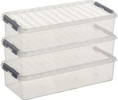 3x Sunware Q-Line opberg boxen/opbergdozen 6,5 liter 48,5 x 19 x 10,5 cm kunststof - Langwerpige/smalle opslagbox - Opbergbak kunststof transparant/zilver