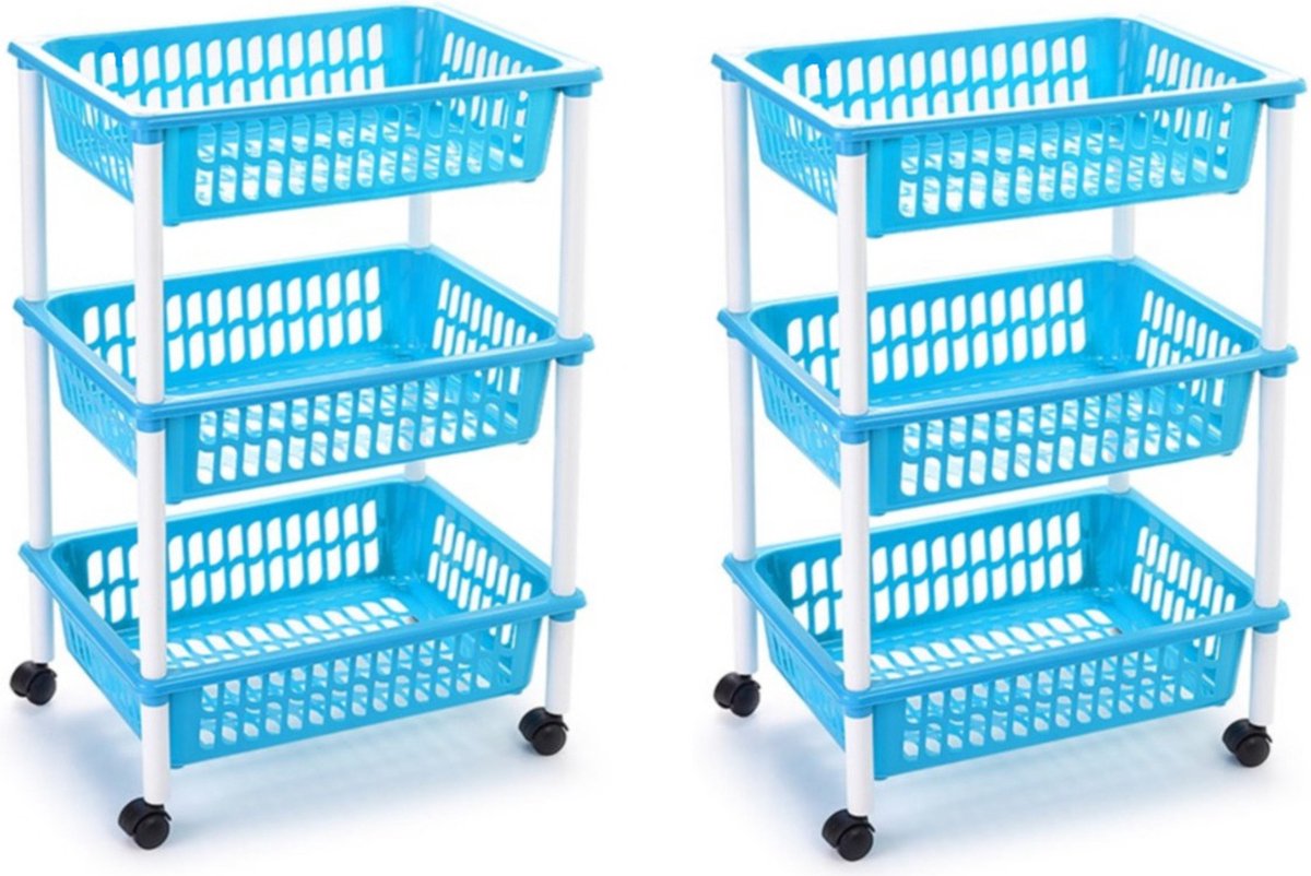 Plasticforte keukentrolley/badkamer trolley - 2x stuks - op wieltjes - 3-laags - blauw - kunststof - 40 x 30 x 61,5 cm