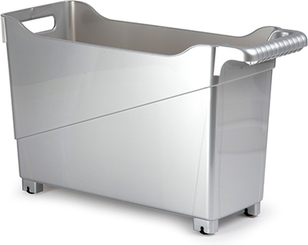 Kunststof trolley zilver op wieltjes L45 x B17 x H29 cm - Voorraad/opberg boxen/bakken
