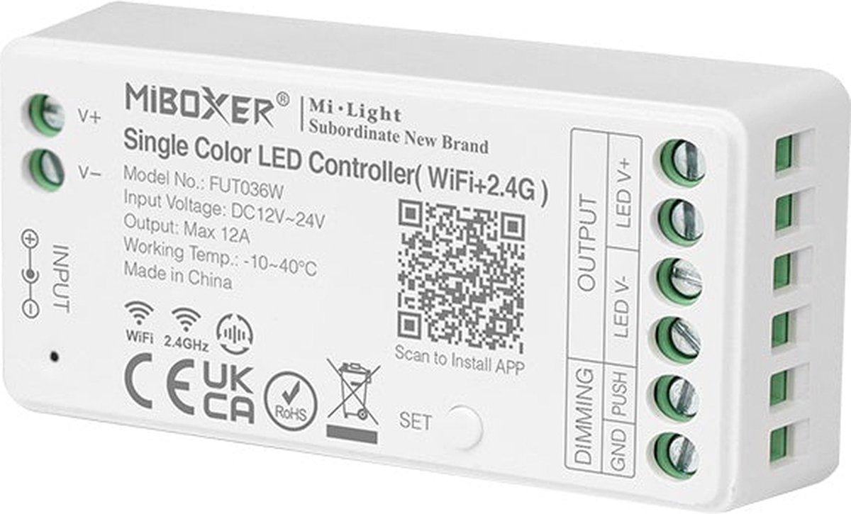 Mi-Light Mi-Boxer - (FUT036W) - Single Color LED controller (WiFi) - Voor besturing van een Single color LED strip - Bediening via app zonder tussenkomst van WL-BOX1 - Ook te bedienen met Mi-Boxer afstandsbediening, niet inbegrepen