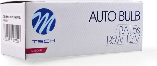 Doos met witte tekst "AUTO BULB BA15s R5W 12V" en M-Tech logo.