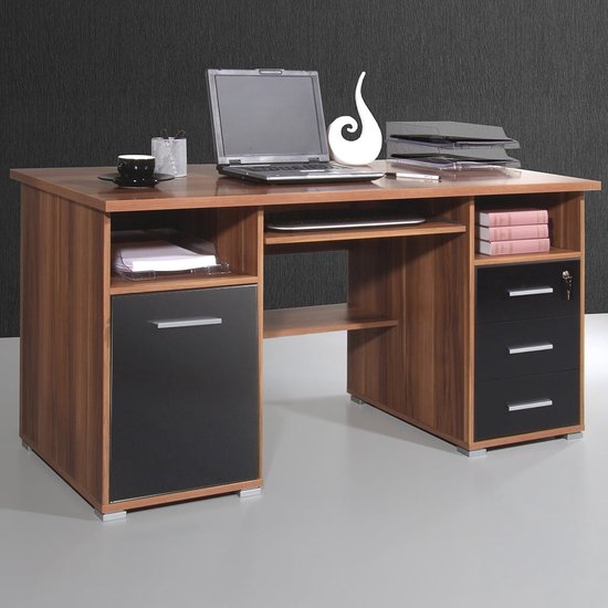 Foto: Bureau sierra walnoot zwart 145x70cm met opbergruimte hoogte 75 cm met lades