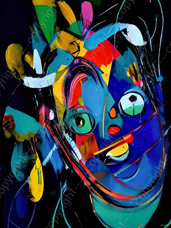 JJ-Art (Canvas) 40x30 | Gezicht, man, vrouw, abstract, Picasso stijl, woonkamer - slaapkamer | kunst, blauw, zwart, goud, groen | Foto-Schilderij print op Dibond / Aluminium (metaal wanddecoratie) | KIES JE MAAT