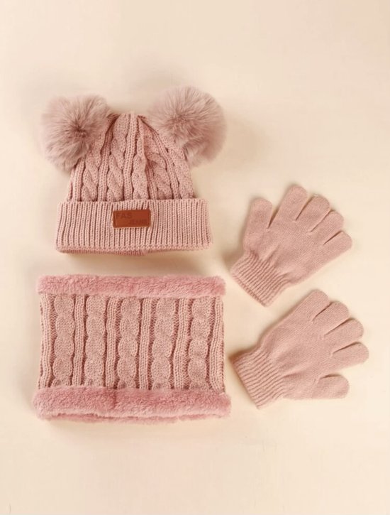 Wintermuts, sjaal en handschoenen - muts met twee pompoms - kleur roze - 2-5 jaar kind/peuter/kleuter - Cadeau - Kerstcadeau