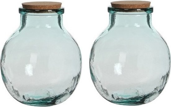 2x Ronde vaas Olly 21 x 25 cm transparant gerecycled glas met kurk deksel - Home Deco vazen - Woonaccessoires