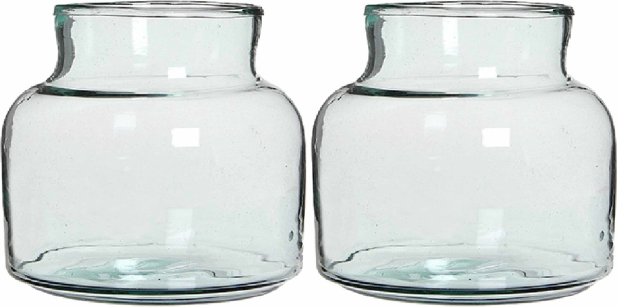 Mica Decorations Melkbus vaas - 2x - laag - transparant - 20 x 21 cm - glas - vazen - bloemenvaas - Boeketvaas - melkbusvaas