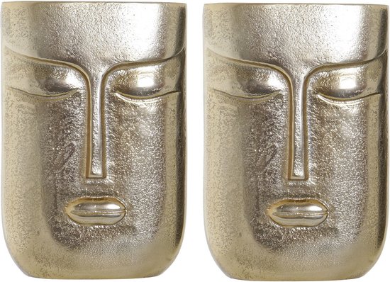 Set van 2x stuks bloemenvaas goud van aluminium met gezicht 15 x 6 x 23 cm - Bloemen of takken vaas voor binnen