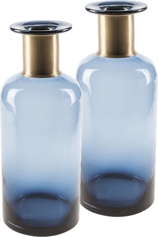 2x stuks flesvazen glas donkerblauw 12 x 30 cm - Vazen van glas