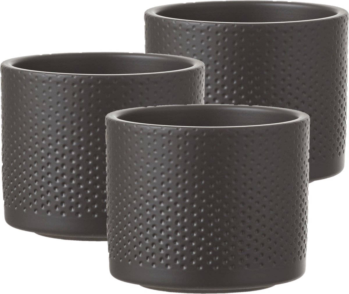 Mica Decorations Bloempot - Set van 3x stuks - antraciet - relief - keramiek - D12 x H10 cm - plantenpotten binnen