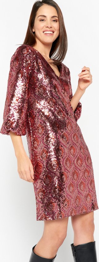 Lola Liza Jurk met pailletten en zigzagprint - Red - Maat S 