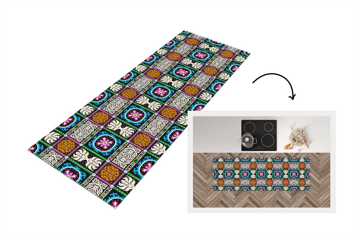 KitchenYeah Keukenloper - Loper keuken - Patronen - Ornament - Abstract - Blauw - Roze - 180x60 cm - Keukenloper vinyl Multicolor