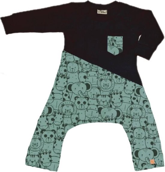 Spreid/ Pavlik/ Gips Onesie zwart met dierenhoofdjes groen