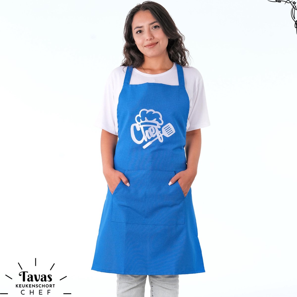 Tavas Chef Keukenschort 60x80 cm Blauw Kookschort met zakken Keukenschort dames Schort voor vrouwen een voor mannen