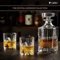 Een kristallen whiskykaraf en twee glazen gevuld met amberkleurige drank, met ijsblokjes op een donkere houten tafel.