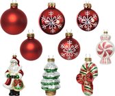 20x stuks glazen kerstornamenten/hangers figuurtjes en kerstballen rood x stuks kerstornamenten/kersthangers sneeuwvlokken wit glazen 10 cm