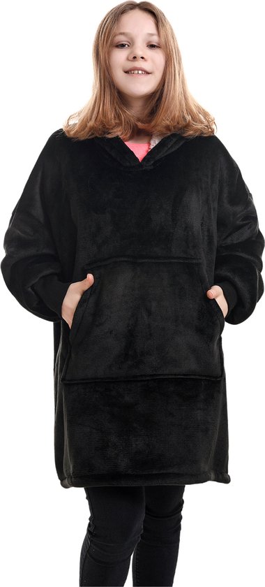 black hoodie deken kinderen - fleece deken met mouwen - ultrazachte binnenkant - snuggie - one size fits all - kids - energie besparen