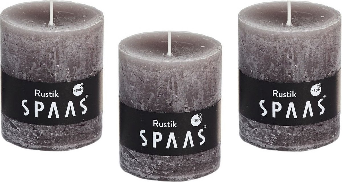 SPAAS 12x stuks taupe bruine rustieke cilinderkaars/stompkaars 7 x 8 cm 30 branduren - Geurloze kaarsen - Stompkaarsen
