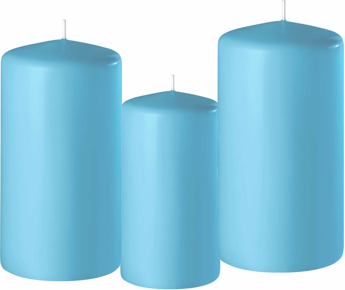 Set van 3x stuks turquoise blauwe stompkaarsen 10-12-15 cm met diameter 6 cm - Sfeer kaarsen voor binnen