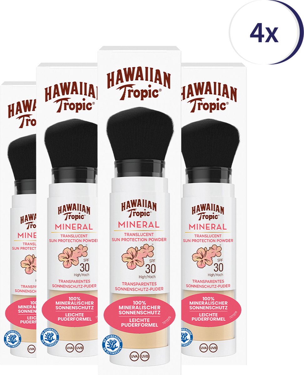 Goedkoopste Hawaiian Tropic Mineral Powder Brush - SPF30 - 4 Stuks - Lotion - Gezichtsbescherming - Dermatologisch getest - Vegan - Voordeelverpakking