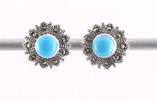 Fijne zilveren oorstekers met blauwe turkoois en marcasiet