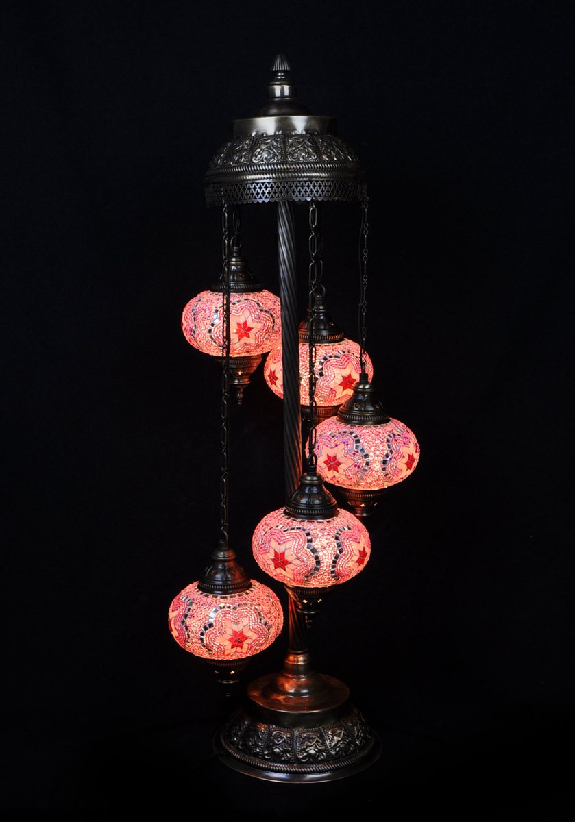Turkse Lamp - Vloerlamp - Mozaïek Lamp - Marokkaanse Lamp - Oosters Lamp - ZENIQUE - Authentiek - Handgemaakt - Roze - 5 bollen