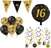16 Jaar Verjaardag Decoratie Versiering - Feest Versiering - Swirl - Folie Ballon - Vlaggenlijn - Ballonnen - Man & Vrouw - Zwart en Goud