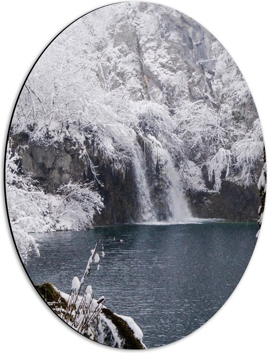 WallClassics - Dibond Ovaal - Waterval in Besneeuwd Gebied - 42x56 cm Foto op Ovaal (Met Ophangsysteem)