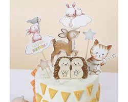 Taart Topper Bosdieren - Happy Birthday Taart Versiering- Taarttoppers - Bosdiertjes Taart Decoratie - Topper Dieren - Konijnen - Hert - Egel - Sterren - Verjaardag Jongen - Verjaardag Meisje- Kinderfeestje - Peuter Baby Verjaardag