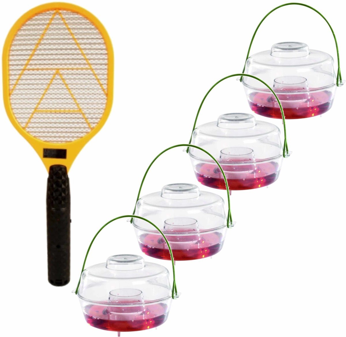 Wespen bestrijding set van 4x wespenvallen van 13 cm en een vliegenmepper/wespenkiller