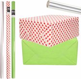6x Rollen kraft inpakpapier transparante folie/hartjes pakket - groen/harten design 200 x 70 cm - Valentijn/liefde/cadeaupapier