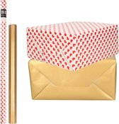 6x Rollen kraft inpakpapier liefde/rode hartjes pakket - mat goud 200 x 70/50 cm - cadeau/verzendpapier