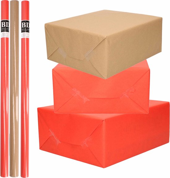 8x Rouleaux de papier d'emballage kraft/paquet de papier de couverture  marron/rouge... | bol.com